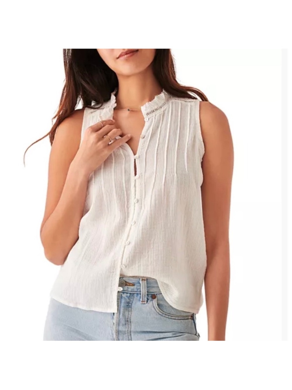 Faherty White Pointelle & Pintuck Pleat Willa Sleeveless Blouse